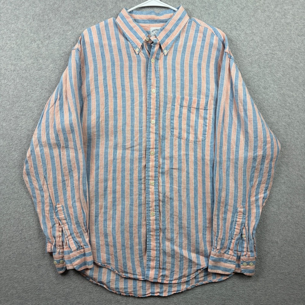 Brooks Brothers Shirt Mens XL Blue Orange Striped Linen Long Sleeve Button Down